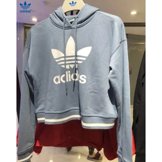 Adidas ของแท้ 100% เสื้อกันหนาว มีฮู้ด เอวสูง พิมพ์ลายโลโก้ ขนาดใหญ่ เซ็กซี่ สําหรับผู้หญิง DH2982