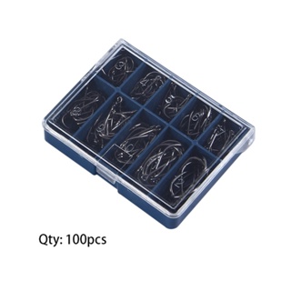 1 Set 100 Pcs 10 Sizes 3# - 12# Black Silver Fishing Hooks With Carry Box