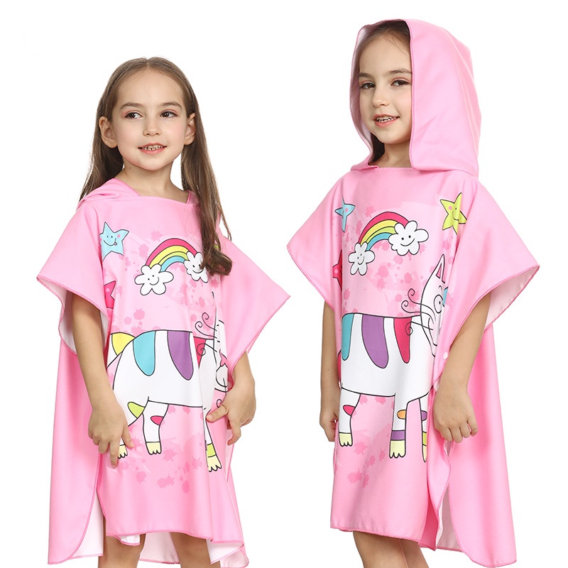 เด็กการ์ตูนยูนิคอร์นHooded Ponchoเสื้อคลุมอาบน้ําว่ายน้ําเด็กผ้าเช็ดตัวMicro Fibre/โพลีเอสเตอร์Fibre