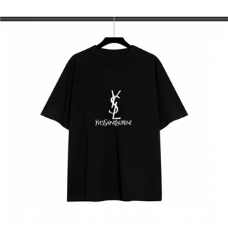 Ysl- เสื้อยืดลําลอง แขนสั้น พิมพ์ลายโลโก้ หน้าอกด้านหน้า สไตล์คลาสสิก สําหรับผู้ชาย และผู้หญิง UE