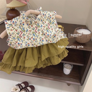 Summer new Korean version blouse cake skirt two sets of 2023 girls standing collar lace floral shirt suit