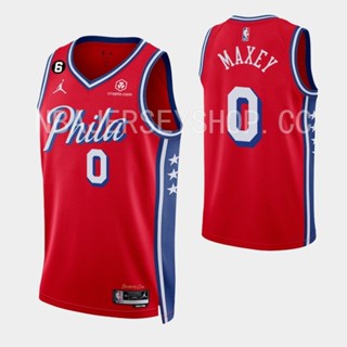 【คุณภาพสูง】ใหม่ ของแท้ NBA Philadelphia 76ers สําหรับผู้ชาย #0 เสื้อกีฬาแขนสั้น ลายทีม Maxey Jersey 2022-23 Statement Edition สีแดง