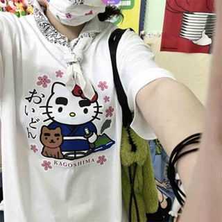 SANRIO เสื้อยืดแขนสั้น คอกลม ผ้าฝ้าย แบบบาง พิมพ์ลายการ์ตูน Hello Kitty ทรงหลวม สไตล์ญี่ปุ่น แฟชั่นฤดูร้อน สําหรับผู้หญิง [RAIN]