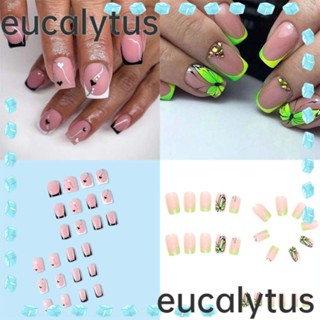 Eucalytus1 เล็บปลอม หัวเหลี่ยม เต็มเล็บ ฝรั่งเศส กันน้ํา สวมใส่ได้ ความยาวปานกลาง เล็บกดบนเล็บ เด็กผู้หญิง