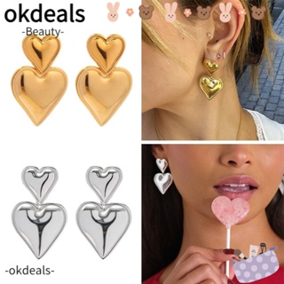 Okdeals ต่างหูสเตนเลส ไทเทเนียม รูปหัวใจคู่ กันสนิม สไตล์มินิมอล สําหรับผู้หญิง