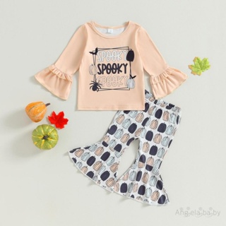 Hian-toddler เสื้อแขนยาว คอกลม ลายฟักทอง และกางเกงขาบาน สําหรับเด็กผู้หญิง เหมาะกับฮาโลวีน