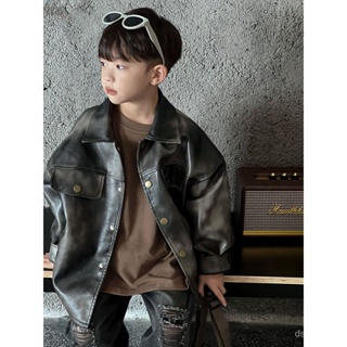 23 Autumn new childrens clothing boys and children washed retro profile dim and dyed fashionable cool motorcycle leather jacket coat ROWS