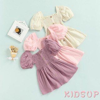 Kidsup1- ชุดเดรสแขนสั้น คอสี่เหลี่ยม แต่งกระดุม ทรงเอ สีพื้น แฟชั่นสําหรับเด็กผู้หญิง