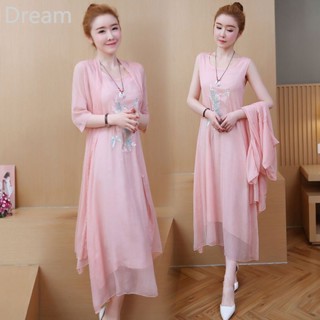 Summer new ethnic style large size womens clothing retro embroidered cropped sleeve two-piece long skirt chiffon dress