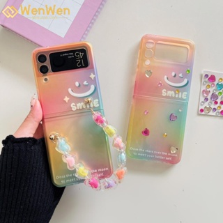 Wenwen เคสโทรศัพท์มือถือแฟชั่น ลายหน้ายิ้ม หน้ายิ้ม แต่งเลเซอร์ และโซ่ สําหรับ Samsung Z Flip4 Z Flip3