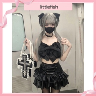 [littlefish] เสื้อสายเดี่ยวสั้น ประดับโบว์ และกระโปรงพัฟ เอวสูง หรูหรา เหมาะกับฤดูร้อน สไตล์ตะวันตก สําหรับผู้หญิง สองชิ้น