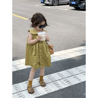 Korean childrens clothing 2023 spring and summer girls polka dot dress retro baby lapel sleeveless dress children princess dress KT1E