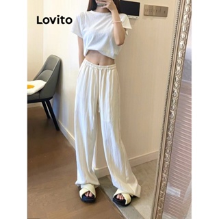 Lovito กางเกงลําลอง แบบผูกเชือก แบบเรียบ สําหรับผู้หญิง LNA18044 (สีขาวออฟไวท์)