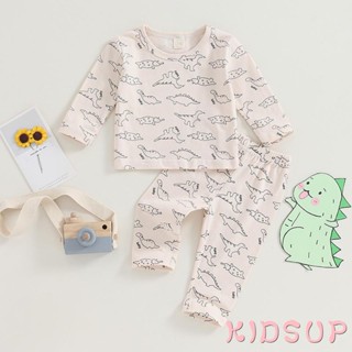 Kidsup1 ชุดเสื้อยืดคอกลม แขนยาว พิมพ์ลายไดโนเสาร์ และกางเกงขายาว สําหรับเด็กผู้ชาย 2 ชิ้น