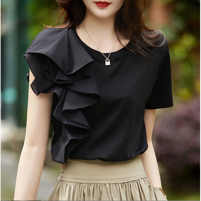 เสื้อยืดคอกลม แขนสั้น แต่งระบาย สไตล์ยุโรป