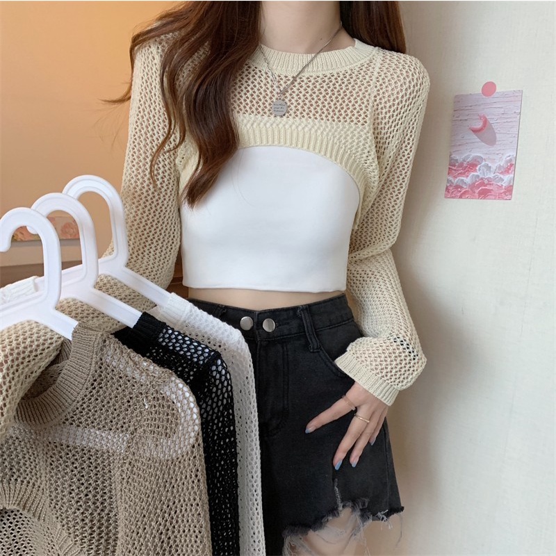 Pudding ~พร้อมส่ง~ "78040"เสื้อคลุมแขนยาวไหมพรมคอกลม ตาข่าย ซีทรูเพิ่มดีเทลเว้าหน้าอกสไตล์โคเรียเวอร์