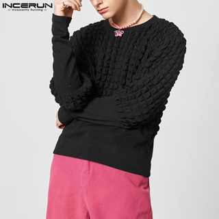 Incerun เสื้อยืดคอกลม แขนยาว สีพื้น สําหรับผู้ชาย