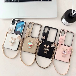 เคสโทรศัพท์มือถือ PC แบบแข็ง กันกระแทก ลายกระต่าย พร้อมสายโซ่คล้อง สําหรับ Oppo Find N2 Flip 5G