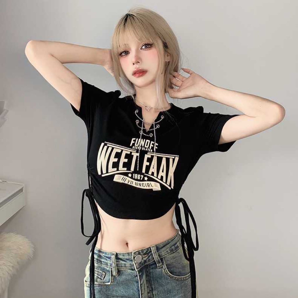 American Spice Womens Retro Chain V คอผ้าฝ้ายเสื้อยืดวาดเชือกแขนสั้นพิมพ์เซ็กซี่
