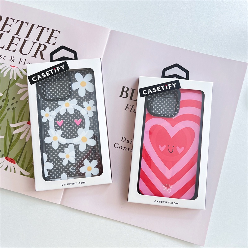 Casetifg ฤดูร้อนดอกไม้หัวใจเคสโทรศัพท์แม่เหล็กพร้อมกล่องสําหรับ iPhone 16 11 12 13 14 15 Pro Max 16 Plus คุณภาพสูงซิลิโคนแข็งปลอกกันกระแทกป้องกันโปร่งใสปกหลัง