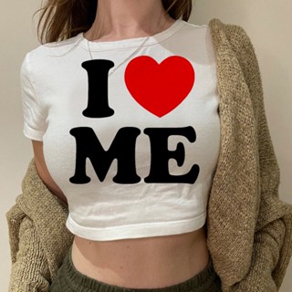 เสื้อยืดครอปท็อป พิมพ์ลายกราฟฟิค I LOVE ME yk2 90s สําหรับผู้หญิง