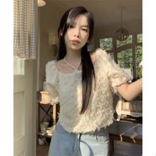 Suxi เสื้อเชิ้ตแขนสั้น เปิดไหล่ข้างเดียว แต่งพู่ สีพื้น แฟชั่นฤดูร้อน