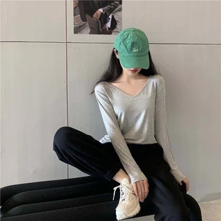 🍓Olivia🍓 เสื้อแขนยาวคอวี ผ้ายืด นิ่ม ใส่สบาย #666