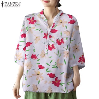 Zanzea เสื้อเชิ้ตลําลอง คอกลม แขน 3/4 ลายดอกไม้ มีกระเป๋า สไตล์เกาหลี สําหรับผู้หญิง