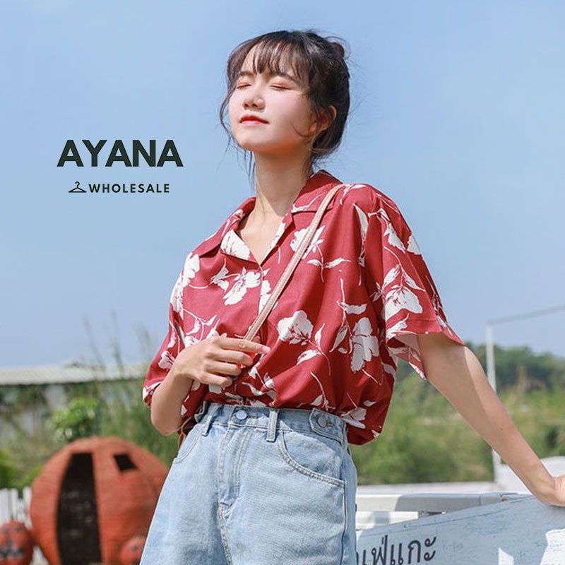 New เสื้อเชิ้ตแขนสั้น ทรงหลวม เชิ้ตคอปกสีแดง ลายใบไม้ ใส่เที่ยวทะเล ใส่เดินชายหาด น่ารักๆ  เสื้อ สงกรานต์ ผู้หญิง