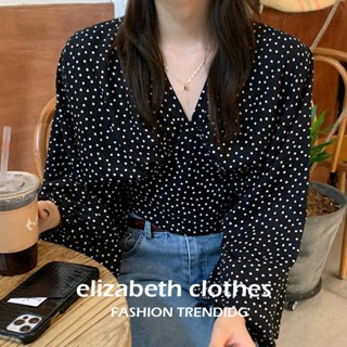 เสื้อเชิ้ต คอวี ทรงหลวม ลายจุด สไตล์เกาหลี
