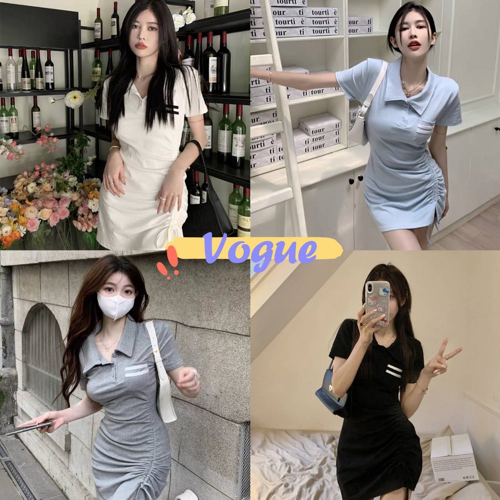 Vogue พร้อมส่ง เดรสไหมพรมแขนสั้น คอปก กระเป๋าหน้าอกก รูดด้านข้าง (M0123) -C