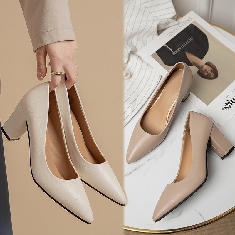 👠สปอตสินค้า👠 ส้นหนาหัวแหลม รองเท้าส้นสูงแฟชั่น สวย เหมาะกับการทำงาน การท่องเที่ยว ไซส์35-42