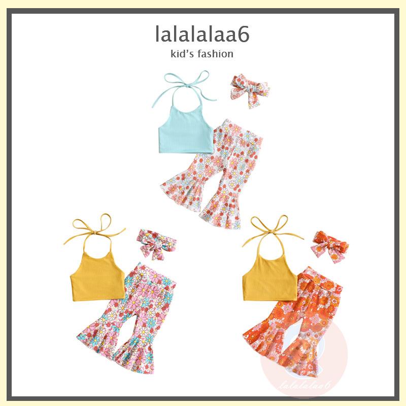 Laa6-เสื้อกั๊กเชือกแขวนคอผูกคอสําหรับเด็กทารกผู้หญิงพร้อมกางเกงบานพิมพ์ลายดอกไม้และชุดคาดผม