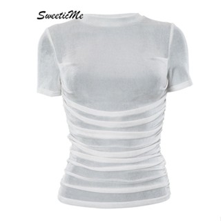 Sweeticme ใหม่ เสื้อยืดคอกลม แขนสั้น สีพื้น เข้ารูป เข้ากับทุกการแต่งกาย แฟชั่นสําหรับผู้หญิง 2023