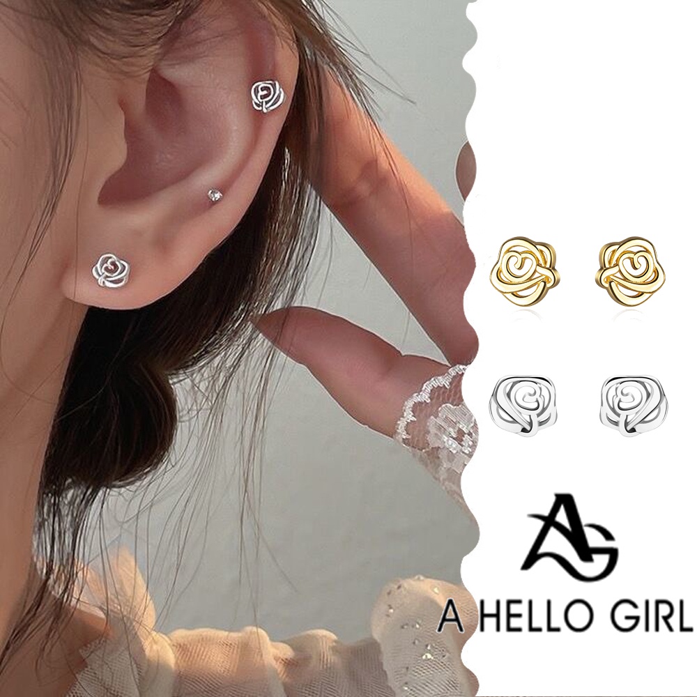 A HELLO GIRL ต่างหูเข็มเงิน รูปดอกไม้ ขนาดเล็ก สไตล์เกาหลี เรียบง่าย เครื่องประดับ สําหรับผู้หญิง