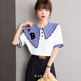 MANSA White Striped Patch Shirt เสื้อ เสื้อเชิ้ตแขนสั้น