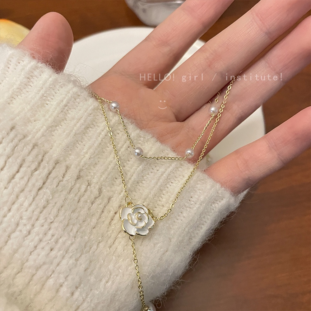 เครื่องประดับ สร้อยคอโชคเกอร์ จี้ดอกคามิเลีย ประดับไข่มุก มีหลายชั้น สีทอง สําหรับผู้หญิง