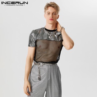 Incerun เสื้อยืด คอกลม แขนสั้น ผ้าตาข่าย แฟชั่นสําหรับผู้ชาย