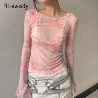 U-sweety เสื้อยืดลําลอง แขนยาว คอกลม ผ้าตาข่าย สีพื้น เซ็กซี่ สําหรับสตรี 2023