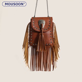 MOUSOON เทรนด์แฟชั่นสตรีในยุโรปและอเมริกาหมุดย้ำพู่กระเป๋าโทรศัพท์มือถือขนาดเล็กแบบสบาย ๆ กระเป๋าสะพายไหล่ข้างเดียวของ Messenger ผู้หญิง