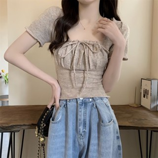 [สินค้าใหม่] เสื้อยืดแขนสั้น คอสี่เหลี่ยม ผ้าถัก เข้ากับทุกการแต่งกาย แฟชั่นฤดูร้อน สําหรับผู้หญิง