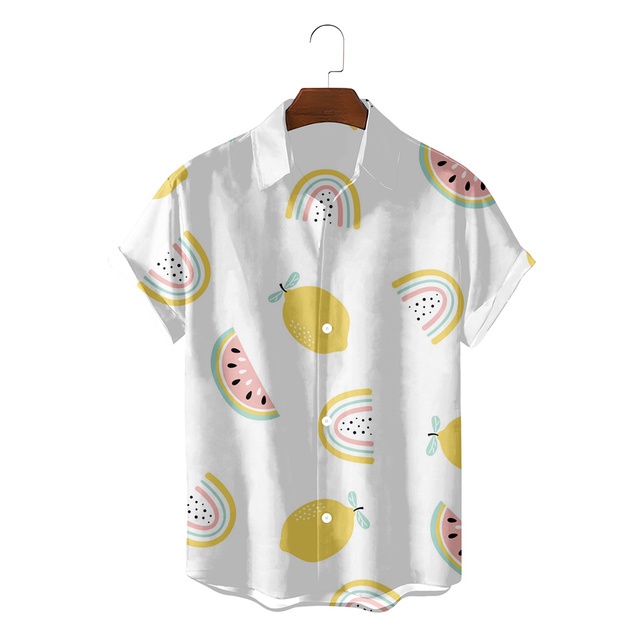 ใหม่ เสื้อเชิ้ตลําลอง พิมพ์ลายผลไม้ 3D ทรงหลวม ระบายอากาศ เหมาะกับฤดูร้อน สไตล์ฮาวาย สําหรับผู้ชาย