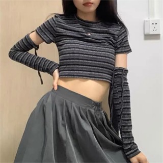 เสื้อยืดแขนยาว ลายทาง ฉลุลายหัวใจ สุดชิค เหมาะกับฤดูใบไม้ผลิ สําหรับผู้หญิง 2023