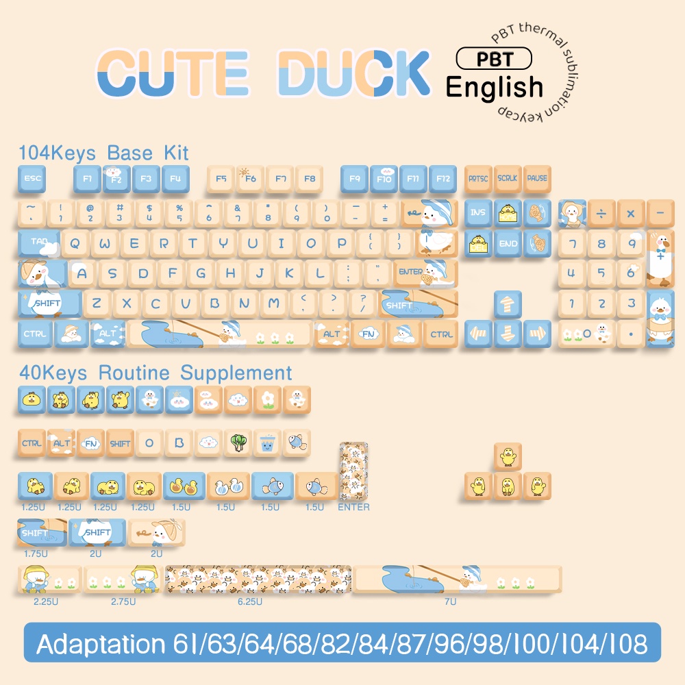 Cute Duck Cartoon Keycaps 144 Keys XDA Profile Key Caps Korean English for 61/64/68/84/87/96/98/104 Mechanical Keyboard