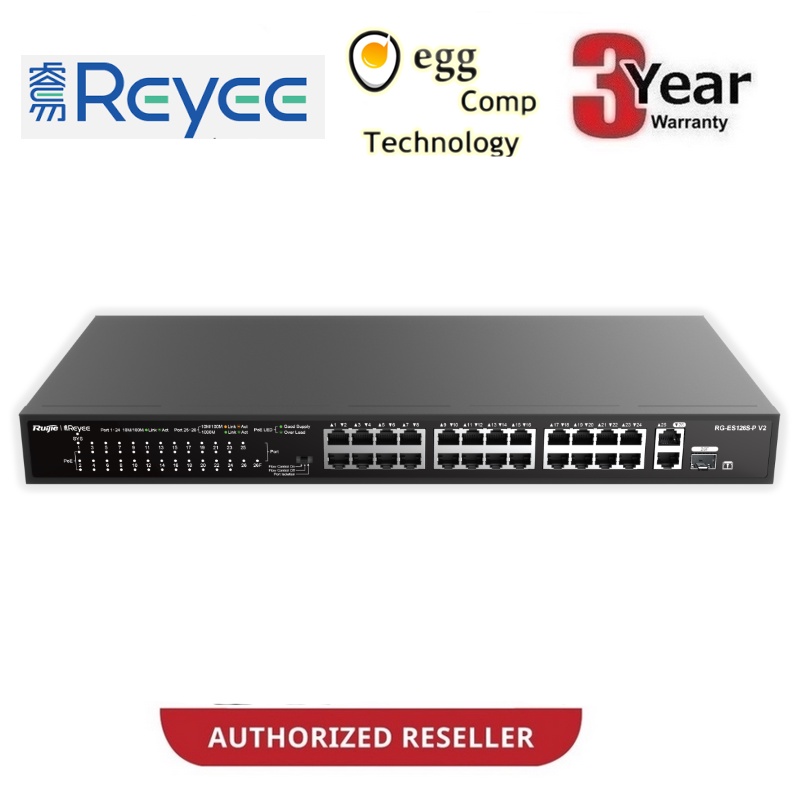 REYEE 24-PORT FAST ETHERNET POE (370W) สวิตช์ UNMANAGED, 24 FE, 2 GE BASE-T W/ 1 COMBO UPLINK (RY-RG