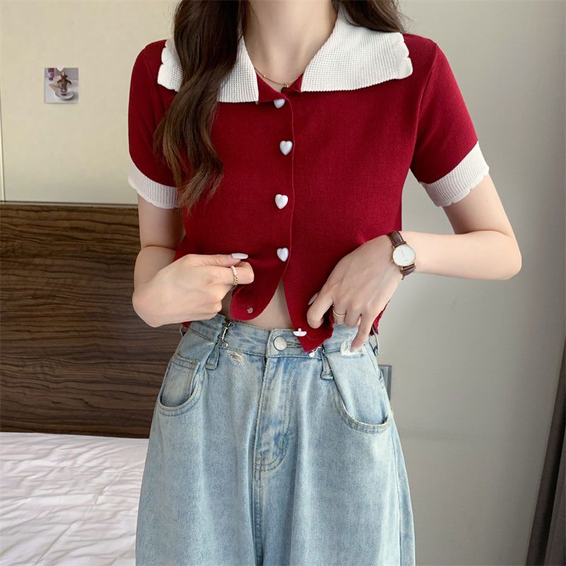 Gugu .L～เสื้อแขนสั้นถักนิตติ้ง หลากสีประกบกันปลอกคอตุ๊กตาแขนสั้น เวอร์ชั่นเกาหลีหวานและเซ็กซี่เก๋แขนสั้น#VL00584