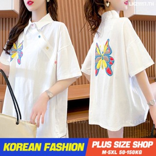 Plus size เสื้อผ้าสาวอวบ❤ เสื้อยืดสาวอวบอ้วน ไซส์ใหญ่ ผู้หญิง เสื้อยืด oversize ทรงหลวม แขนสั้น คอปก ฤดูร้อน สไตล์เกาหลีแฟชั่น