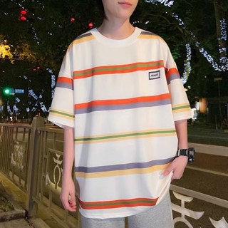 เสื้อยืดแขนสั้น คอกลม พิมพ์ลายคลื่น สีคอนทราสต์ แฟชั่นฤดูร้อน สไตล์สตรีท สําหรับคู่รัก