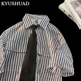 KYUSHUAD เสื้อเชิ้ตผู้ชายแขนสั้นลายทางญี่ปุ่น, เสื้อเชิ้ตแขนสั้นห้าส่วน, ย้อนยุคลำลองคุณภาพสูงวินเทจปก