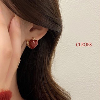 CLEOES ต่างหู โลหะผสมเคลือบ รูปหัวใจ สีแดง สีฟ้า แบบเรียบง่าย สไตล์เกาหลี วินเทจ